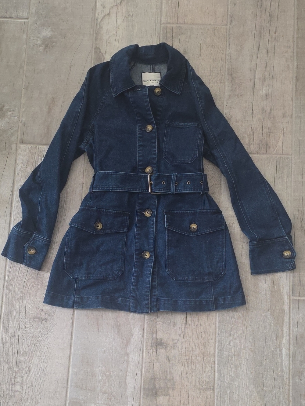 Dark Blue Denim Jean Jacket With Belt At Waist